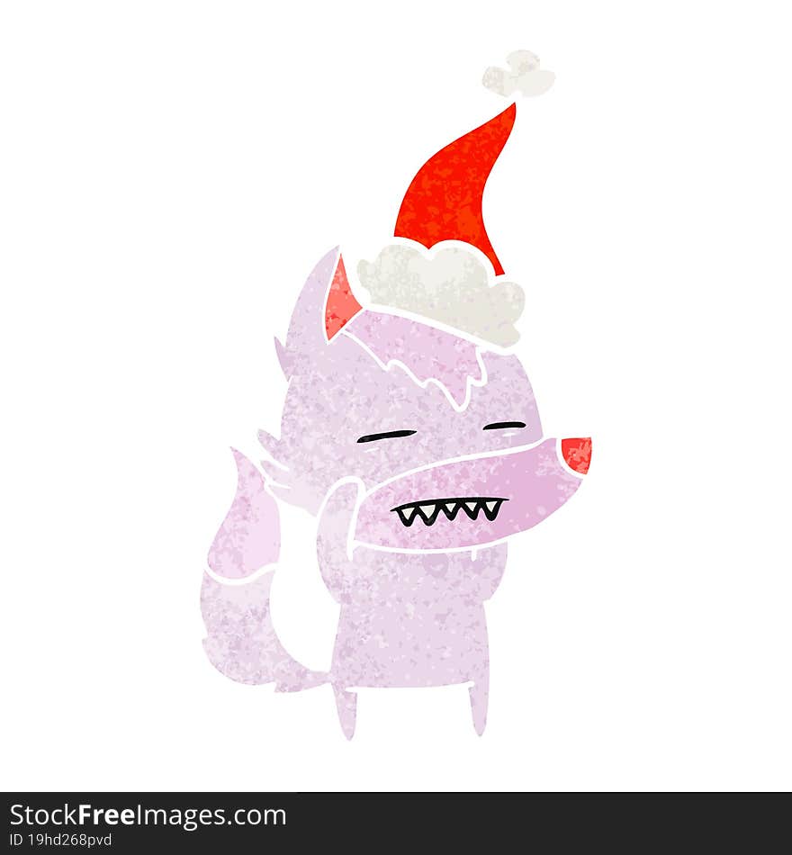 retro cartoon of a wolf showing teeth wearing santa hat