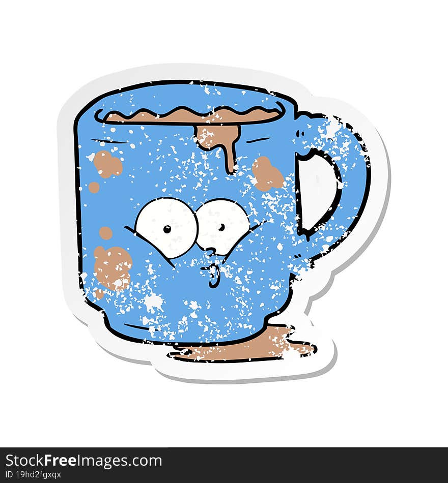 distressed sticker of a cartoon dirty office mug