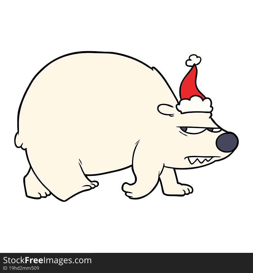 line drawing of a angry polar bear wearing santa hat