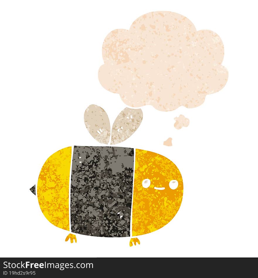 cute cartoon bee with thought bubble in grunge distressed retro textured style. cute cartoon bee with thought bubble in grunge distressed retro textured style