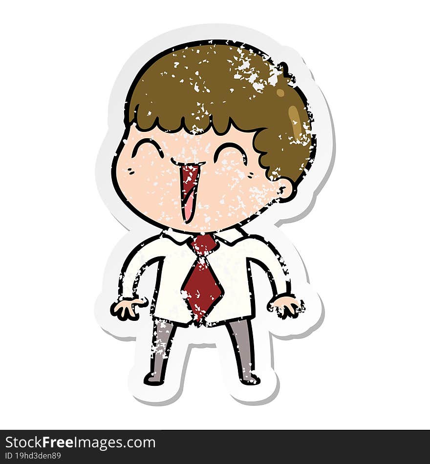 distressed sticker of a cartoon happy man