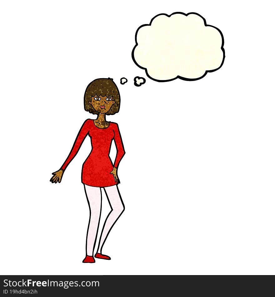 cartoon woman in dress with thought bubble