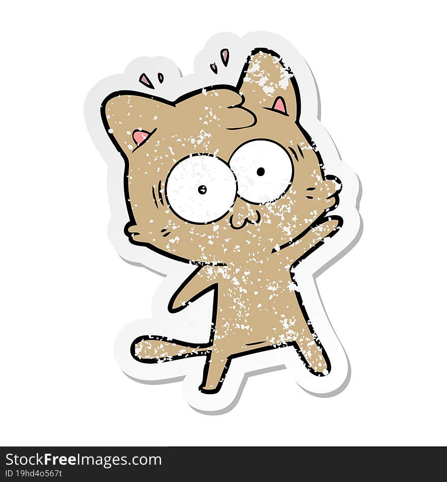 distressed sticker of a cartoon surprised cat