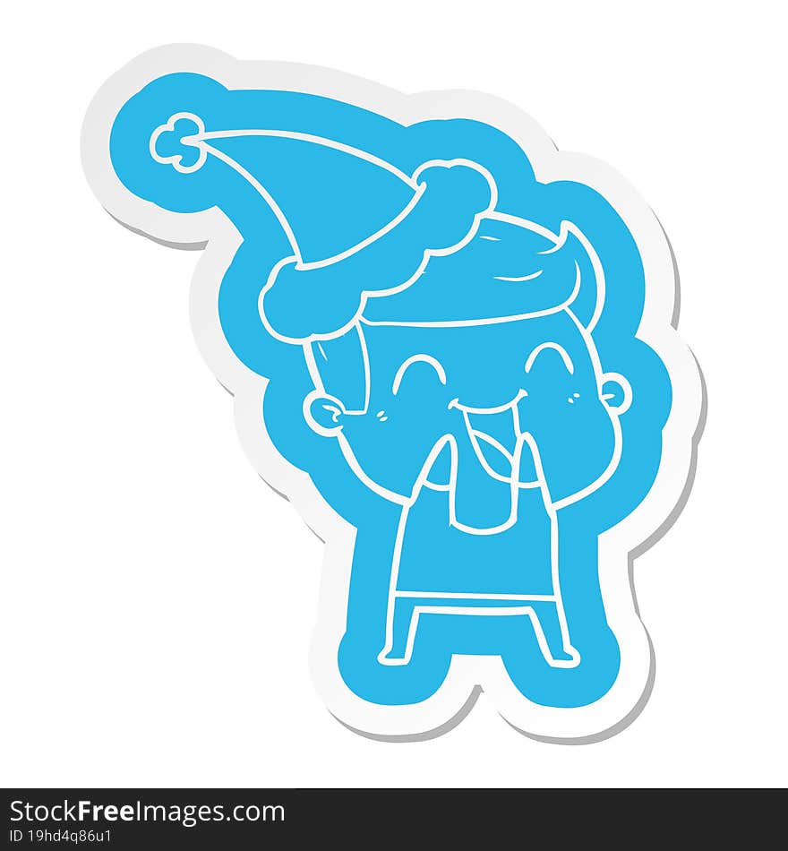 cartoon  sticker of a man laughing wearing santa hat