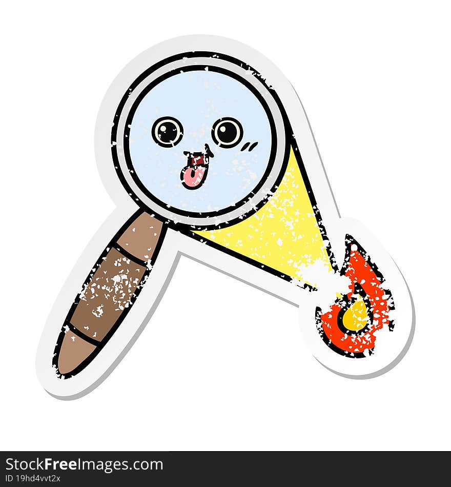 distressed sticker of a cute cartoon magnifying glass