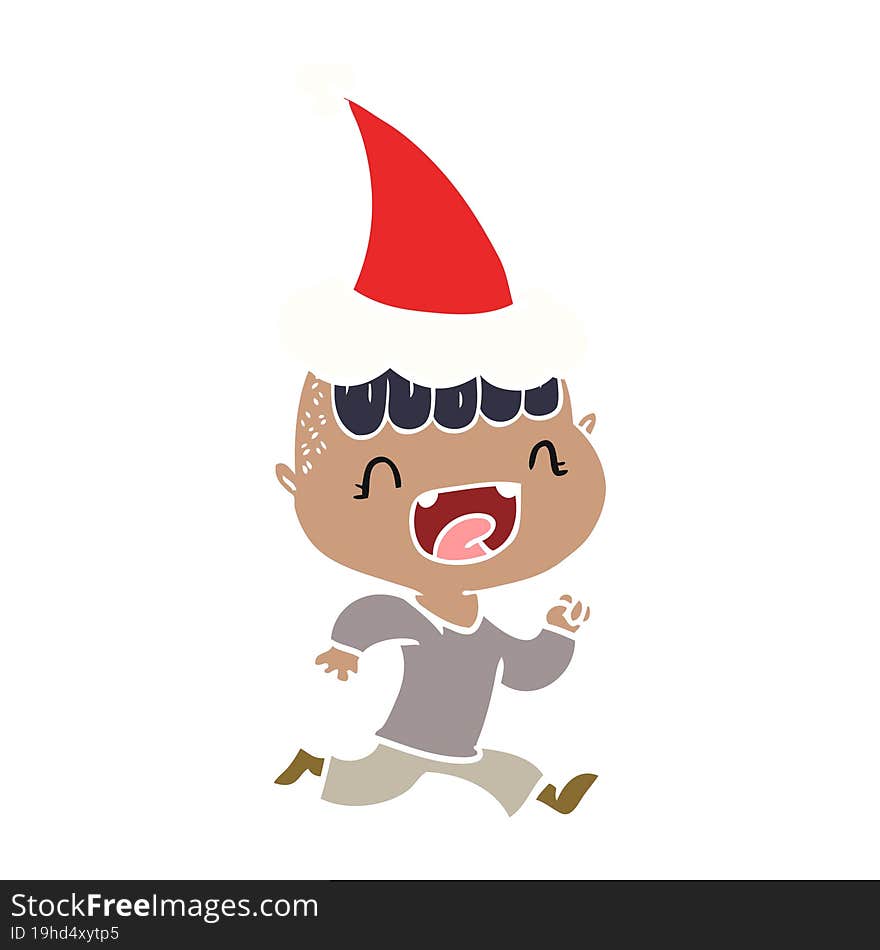 hand drawn flat color illustration of a happy boy laughing and running away wearing santa hat