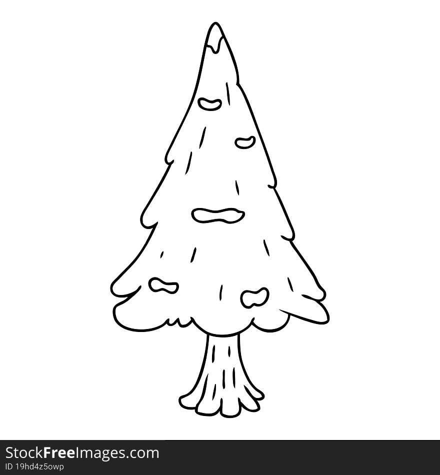 hand drawn line drawing doodle single snow covered tree