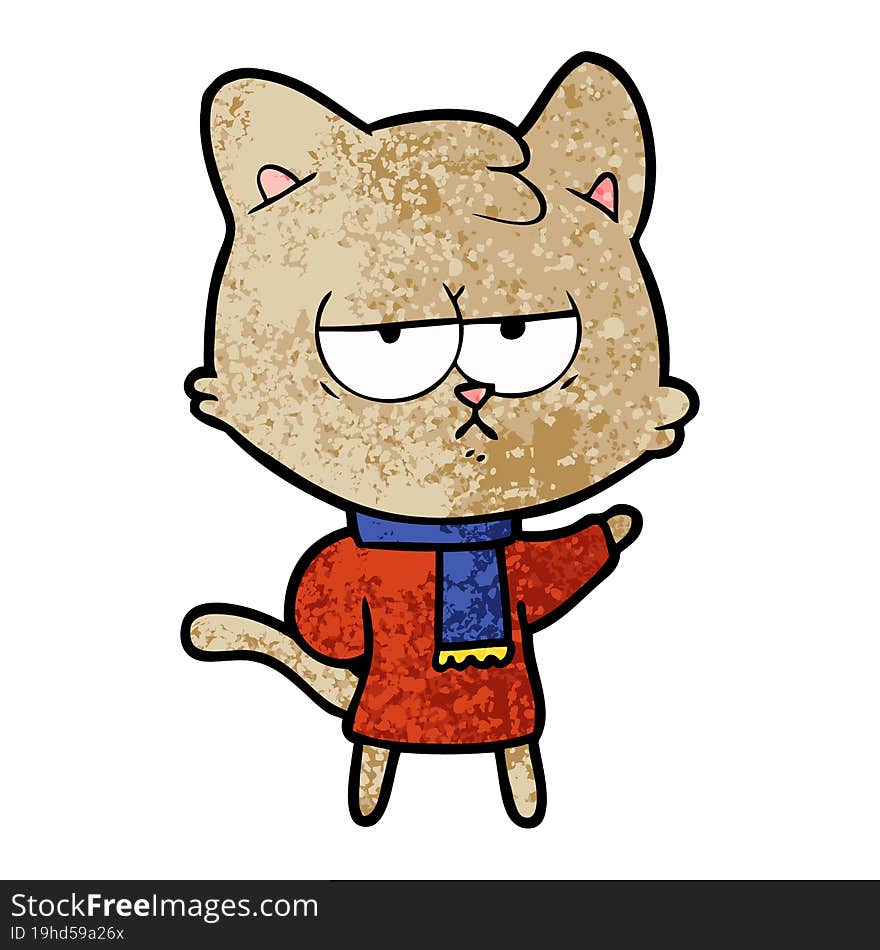 bored cartoon cat in winter clothes. bored cartoon cat in winter clothes