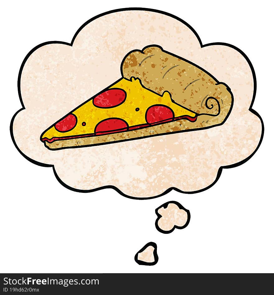 Cartoon Pizza Slice And Thought Bubble In Grunge Texture Pattern Style