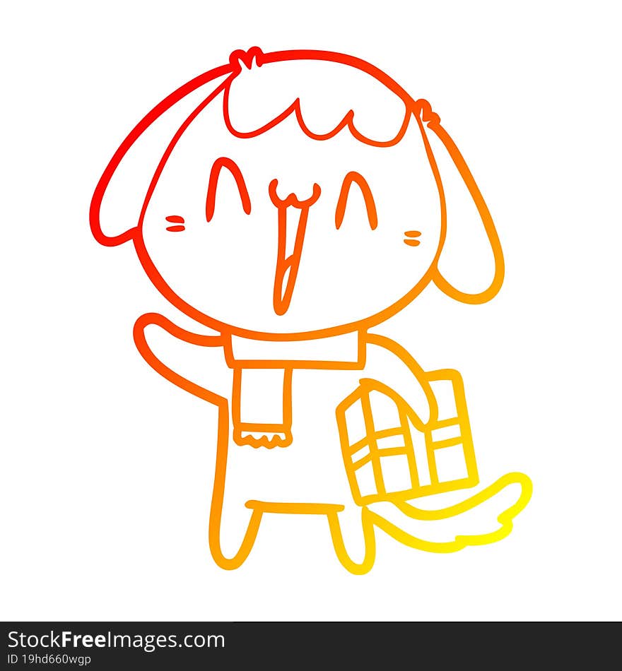 warm gradient line drawing cute cartoon dog with christmas present