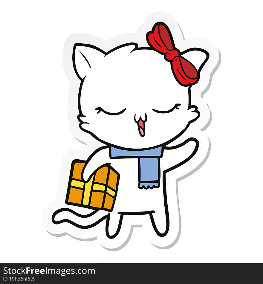 Sticker Of A Cartoon Girl Cat With Christmas Present