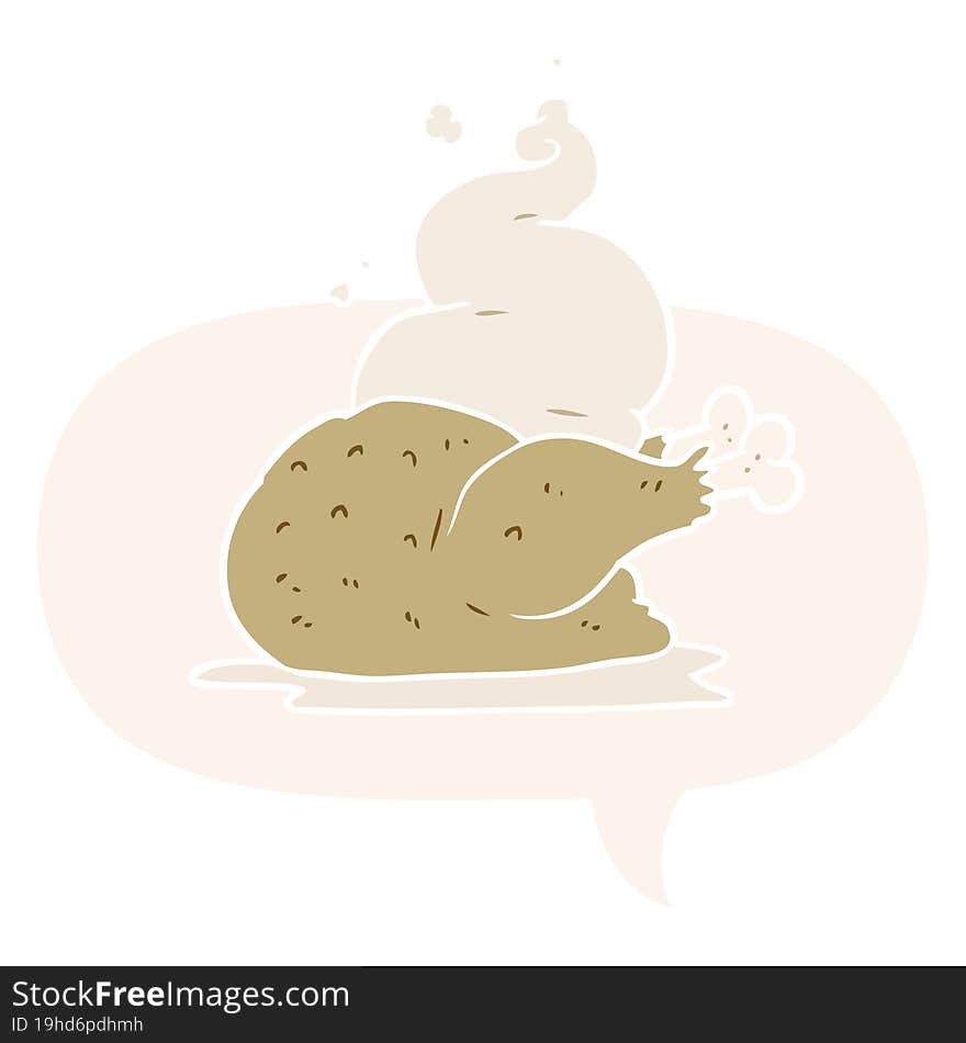 cartoon whole cooked chicken with speech bubble in retro style