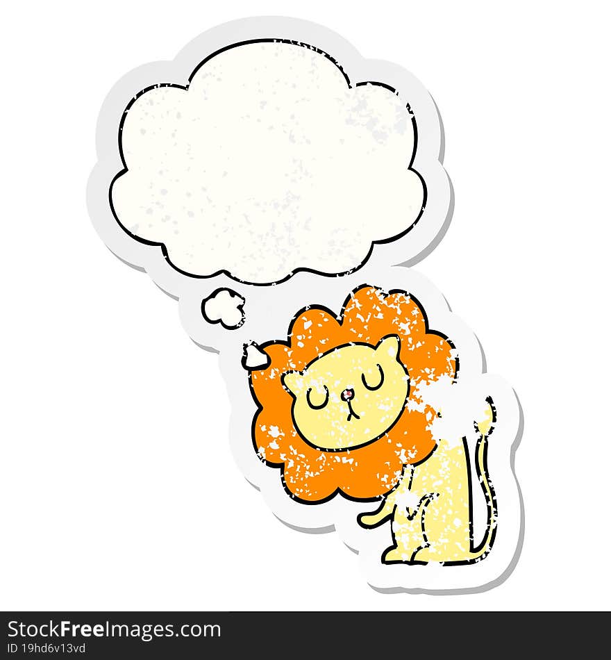 cute cartoon lion and thought bubble as a distressed worn sticker