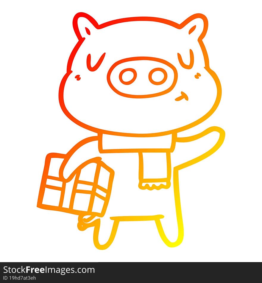 Warm Gradient Line Drawing Cartoon Christmas Pig