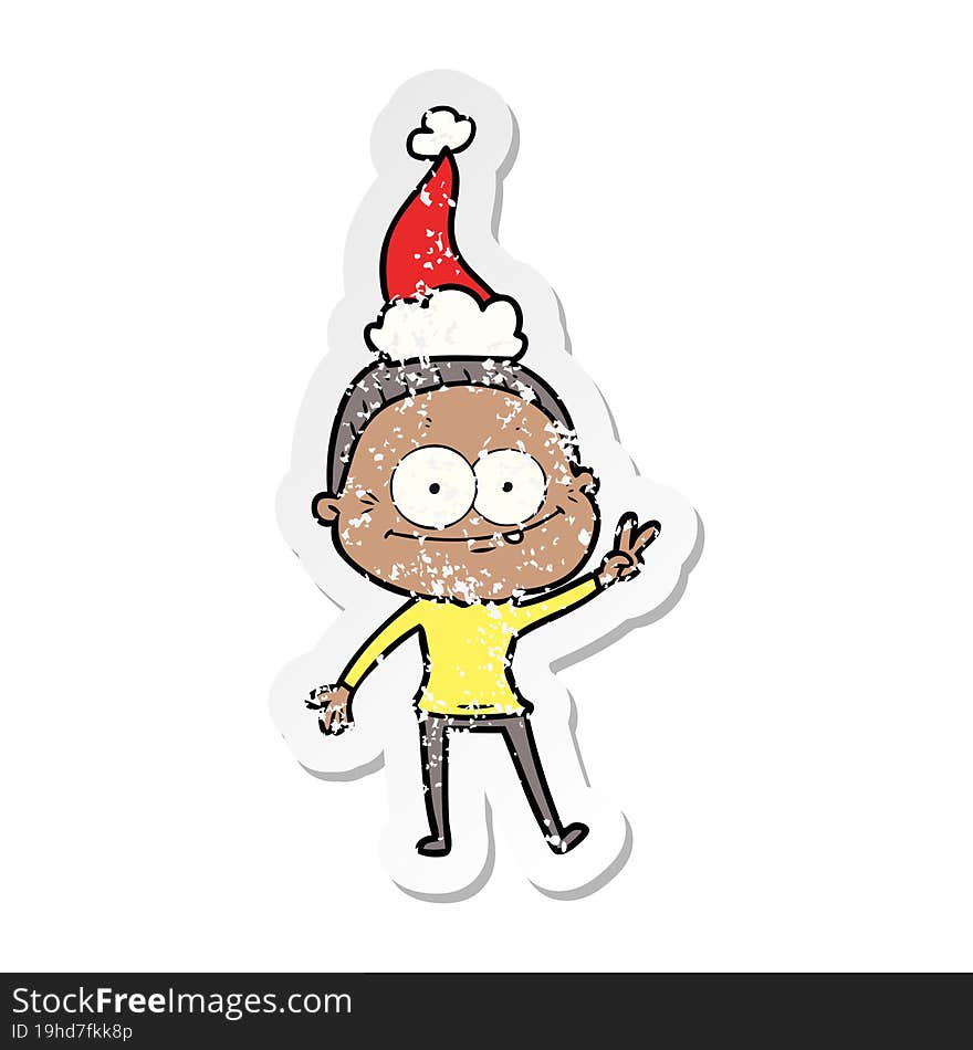 distressed sticker cartoon of a happy old woman wearing santa hat