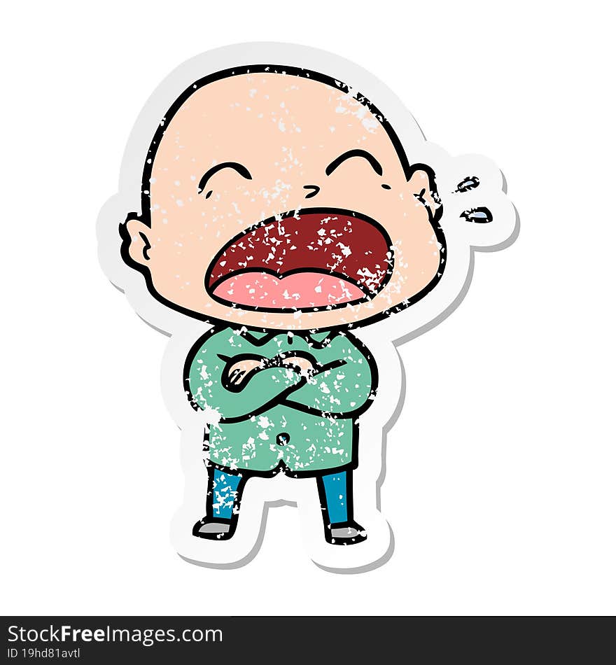 distressed sticker of a cartoon shouting bald man