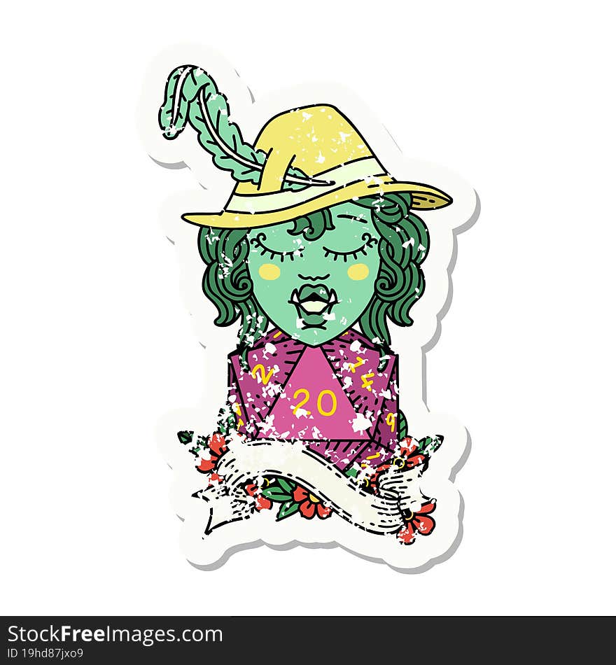 singing half orc bard with natural twenty dice roll grunge sticker