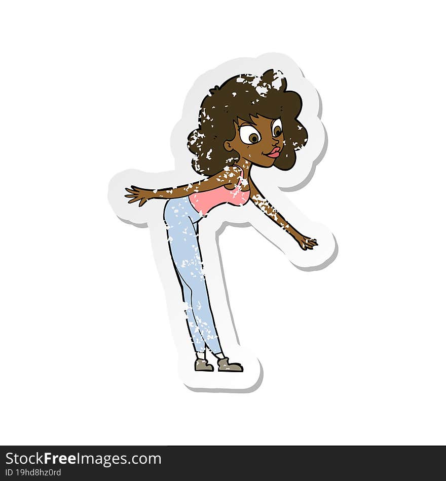 retro distressed sticker of a cartoon woman reaching to pick something up