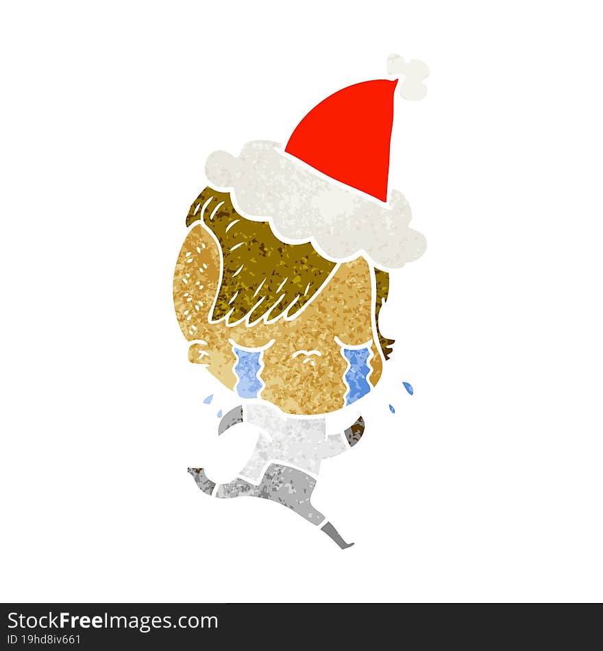 Retro Cartoon Of A Crying Girl Wearing Space Clothes Wearing Santa Hat