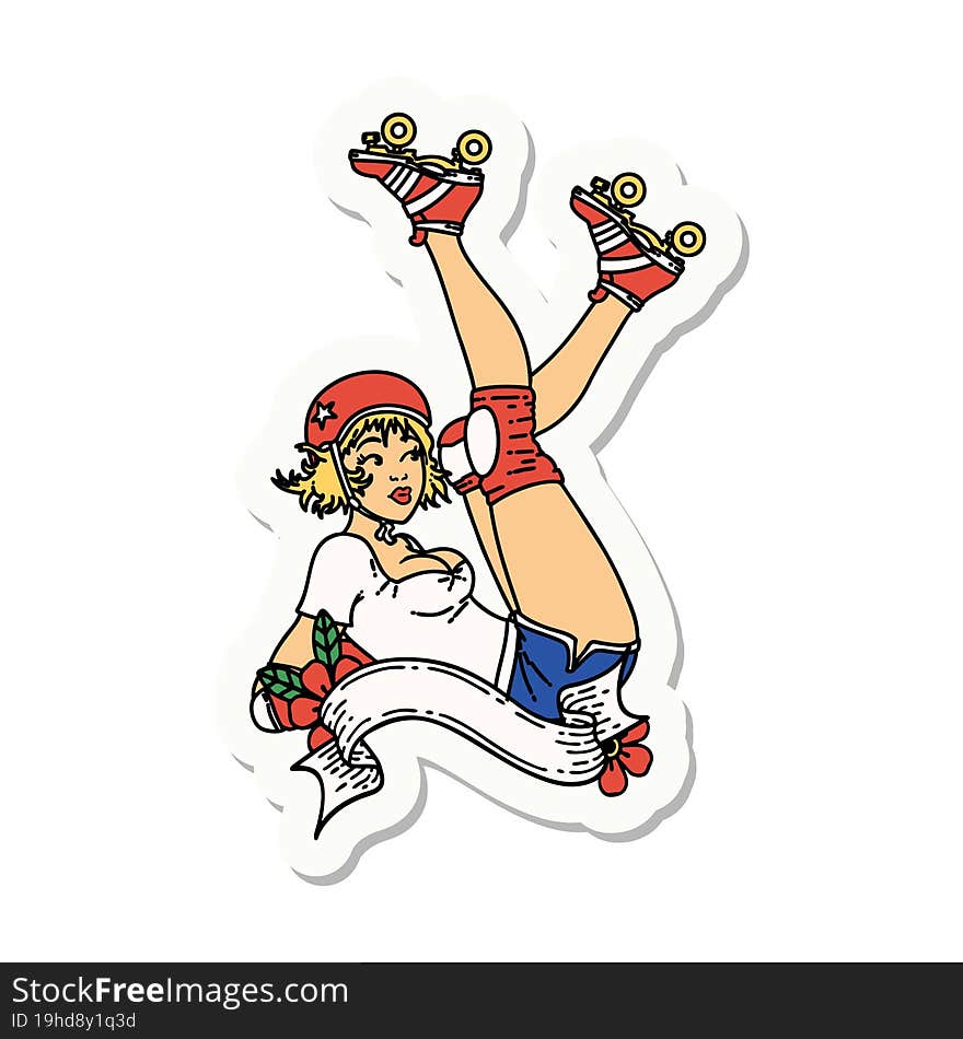 tattoo style sticker of a pinup roller derby girl with banner