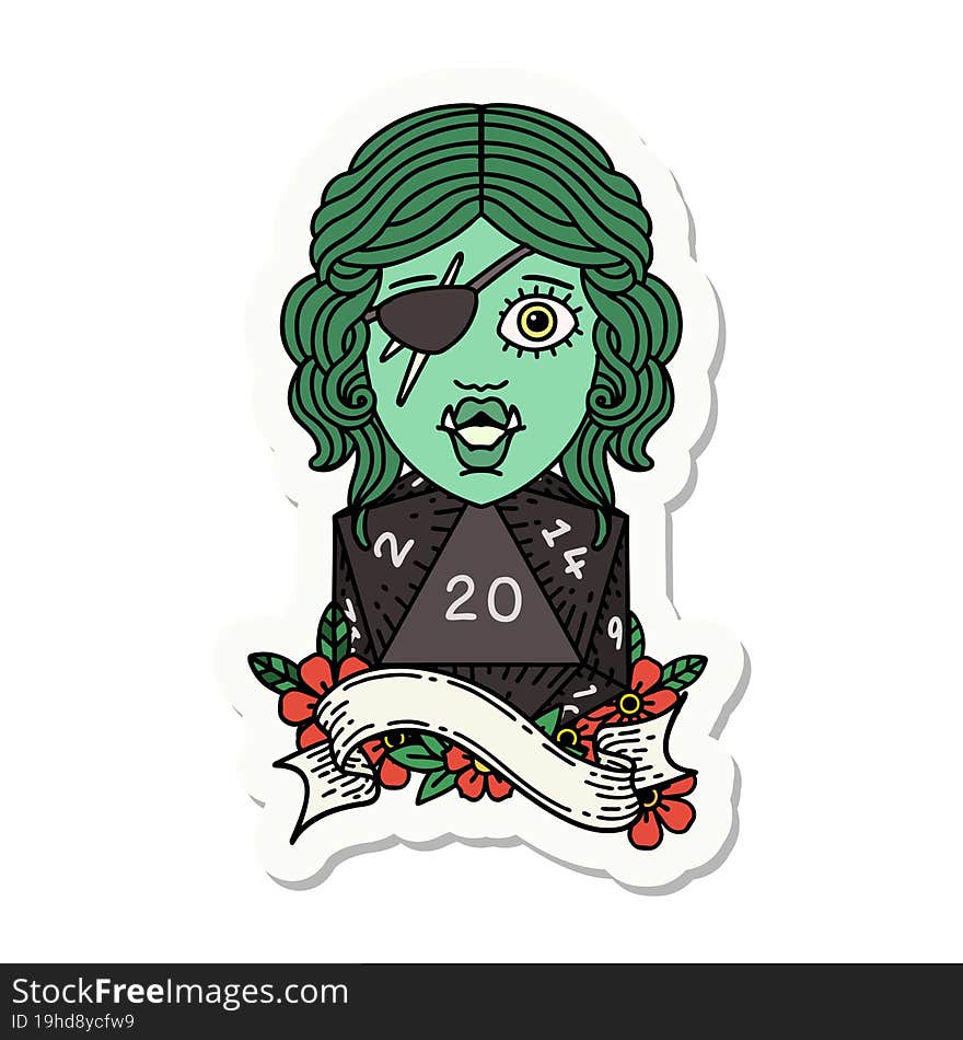 sticker of a orc rogue character with natural twenty dice roll. sticker of a orc rogue character with natural twenty dice roll