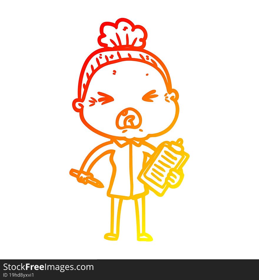 warm gradient line drawing cartoon angry old woman