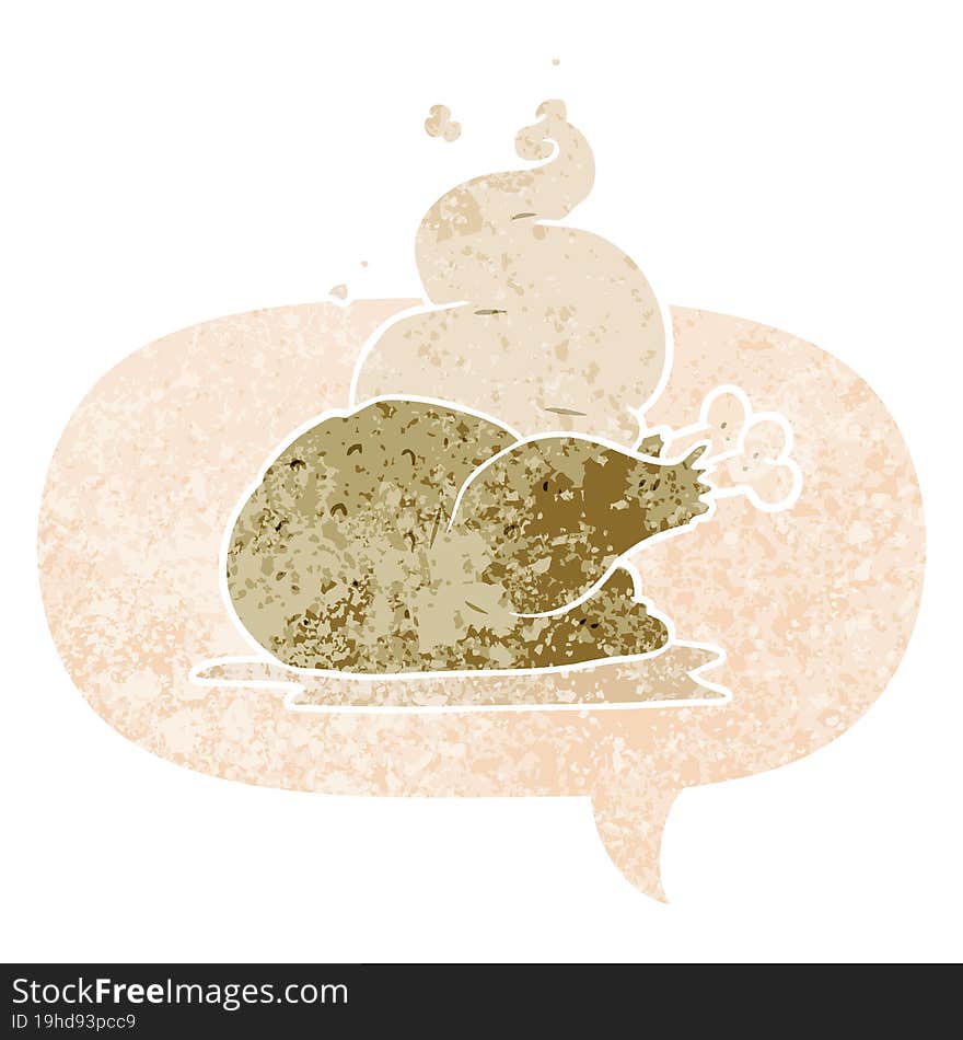 cartoon cooked chicken and speech bubble in retro textured style