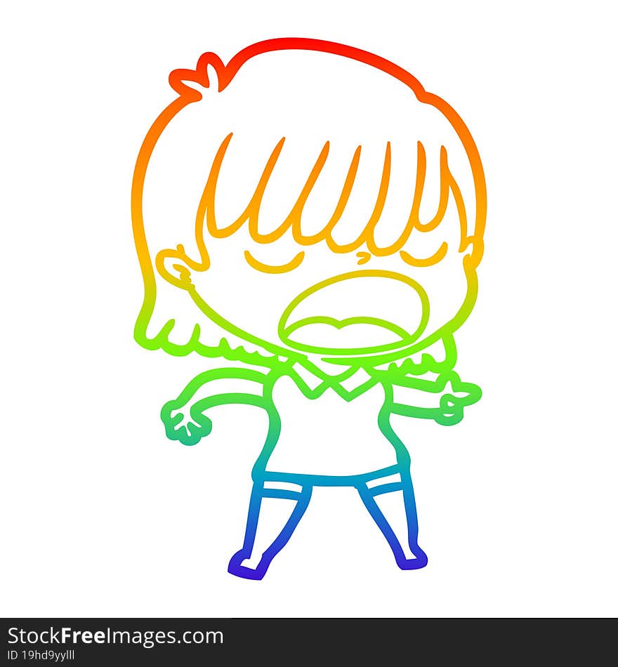 rainbow gradient line drawing cartoon woman talking loudly