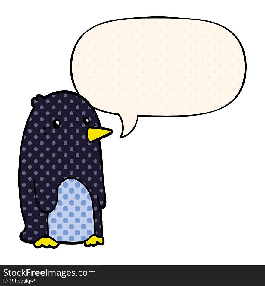 cartoon penguin and speech bubble in comic book style