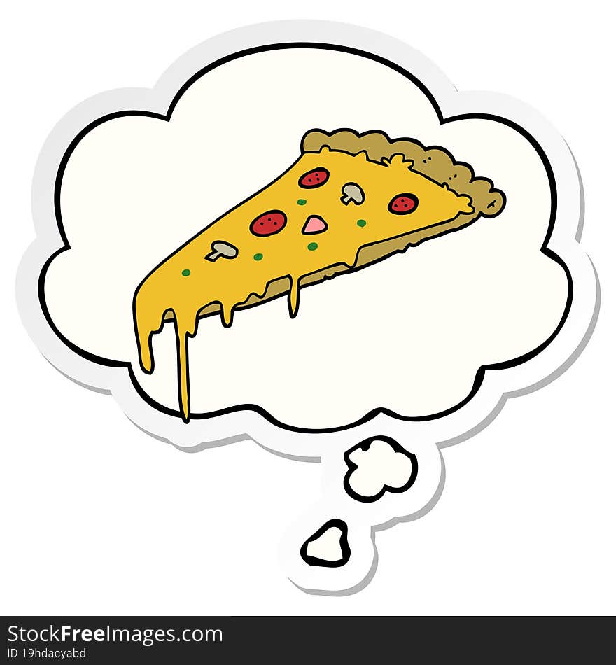 cartoon pizza slice and thought bubble as a printed sticker