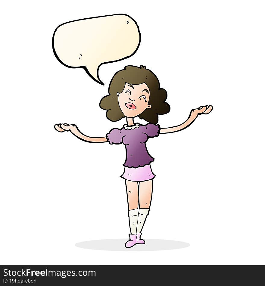 cartoon woman taking praise with speech bubble