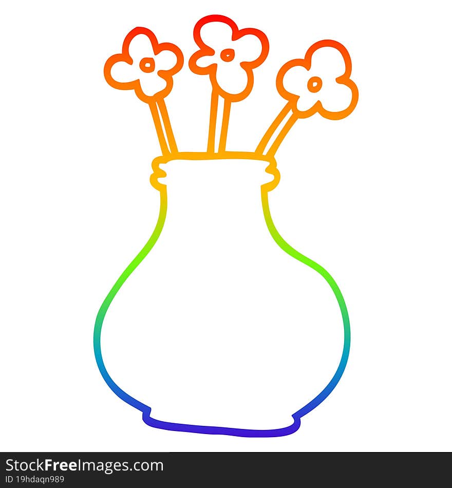 Rainbow Gradient Line Drawing Cartoon Vase With Flowers