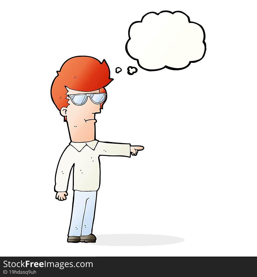 cartoon man in glasses pointing with thought bubble