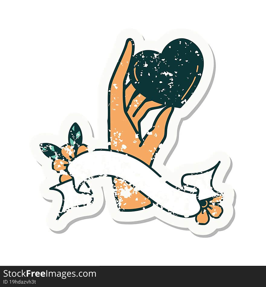 grunge sticker with banner of a hand holding a heart