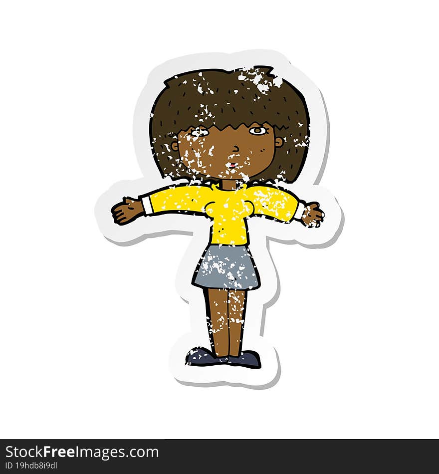 retro distressed sticker of a cartoon woman shrugging shoulders