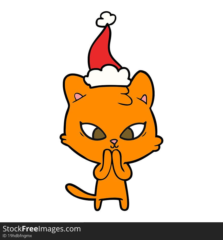 cute line drawing of a cat wearing santa hat