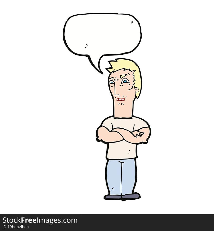 cartoon annoyed man with folded arms with speech bubble