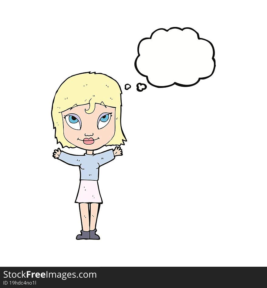 cartoon woman with open arms with thought bubble