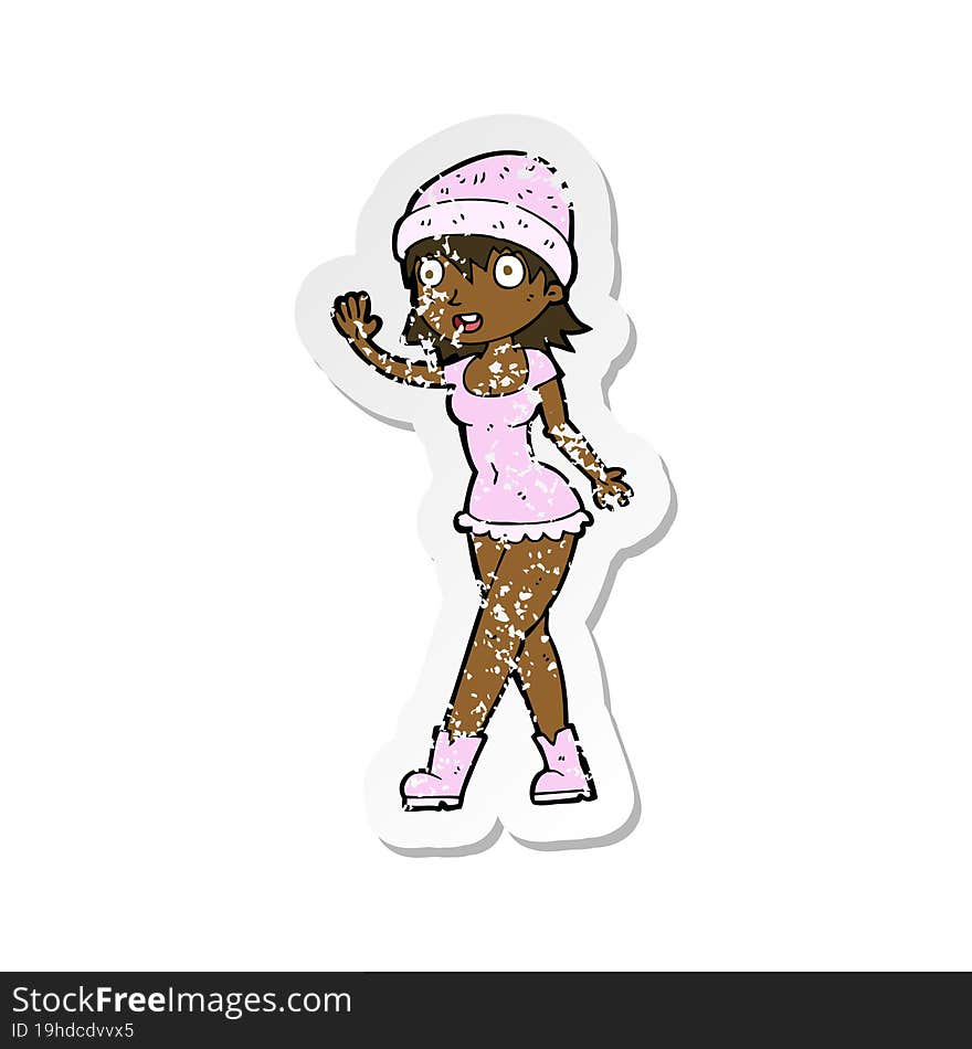 Retro Distressed Sticker Of A Cartoon Pretty Girl In Hat Waving