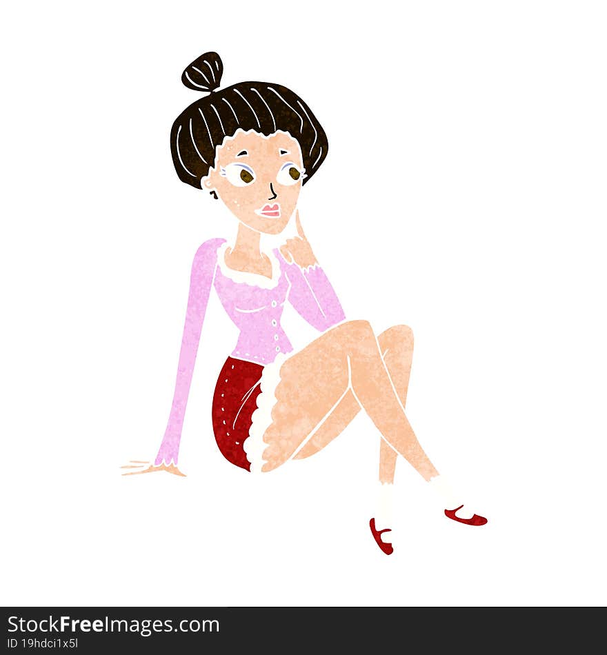 Cartoon Attractive Woman Sitting Thinking