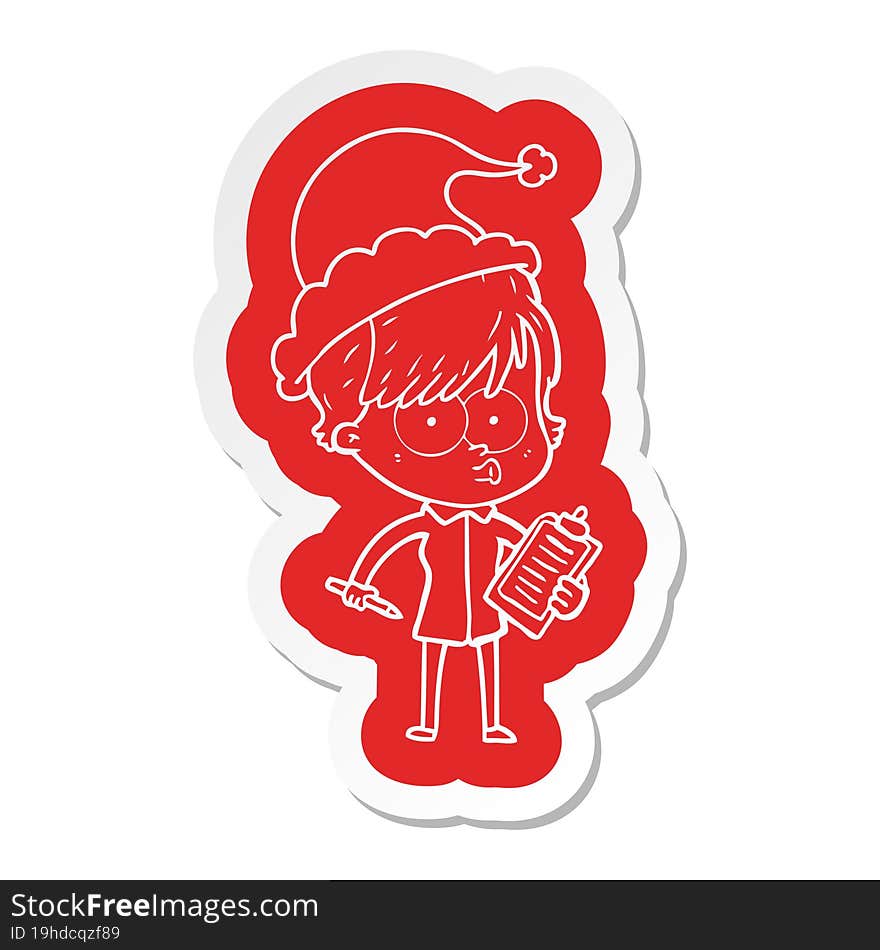 quirky cartoon  sticker of a woman wearing santa hat