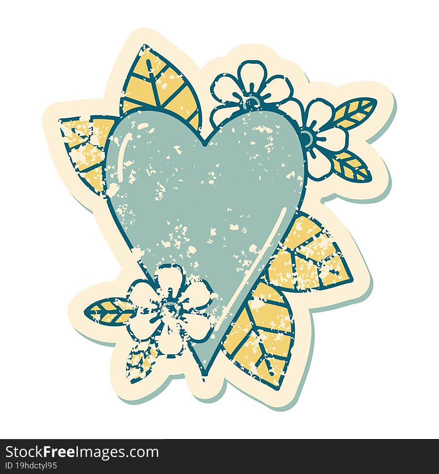 distressed sticker tattoo style icon of a botanical heart