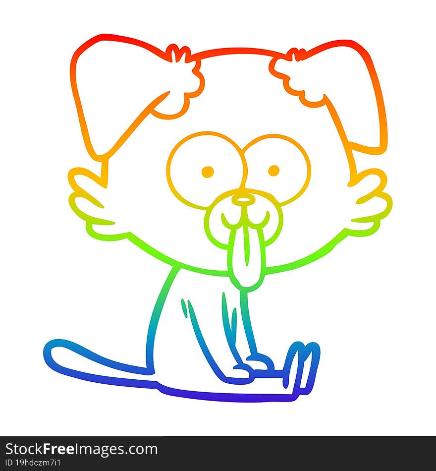 rainbow gradient line drawing of a cartoon sitting dog with tongue sticking out