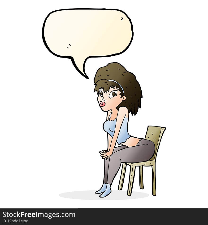 cartoon woman posing on chair with speech bubble