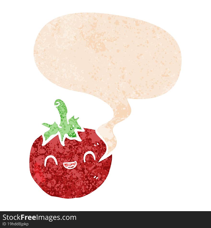 cute cartoon tomato and speech bubble in retro textured style