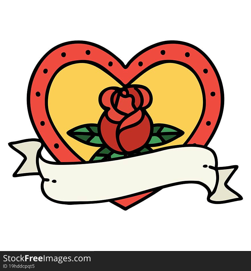 tattoo in traditional style of a heart rose and banner. tattoo in traditional style of a heart rose and banner