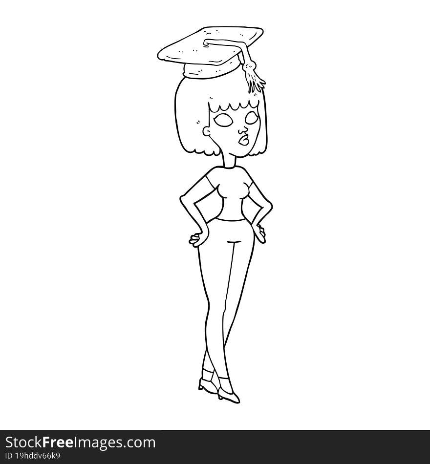 black and white cartoon woman with graduation cap