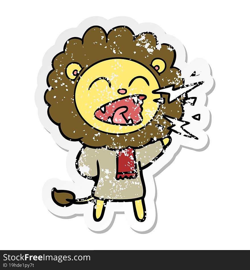 distressed sticker of a cartoon roaring lion