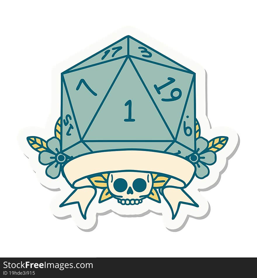 sticker of a natural one d20 dice roll. sticker of a natural one d20 dice roll