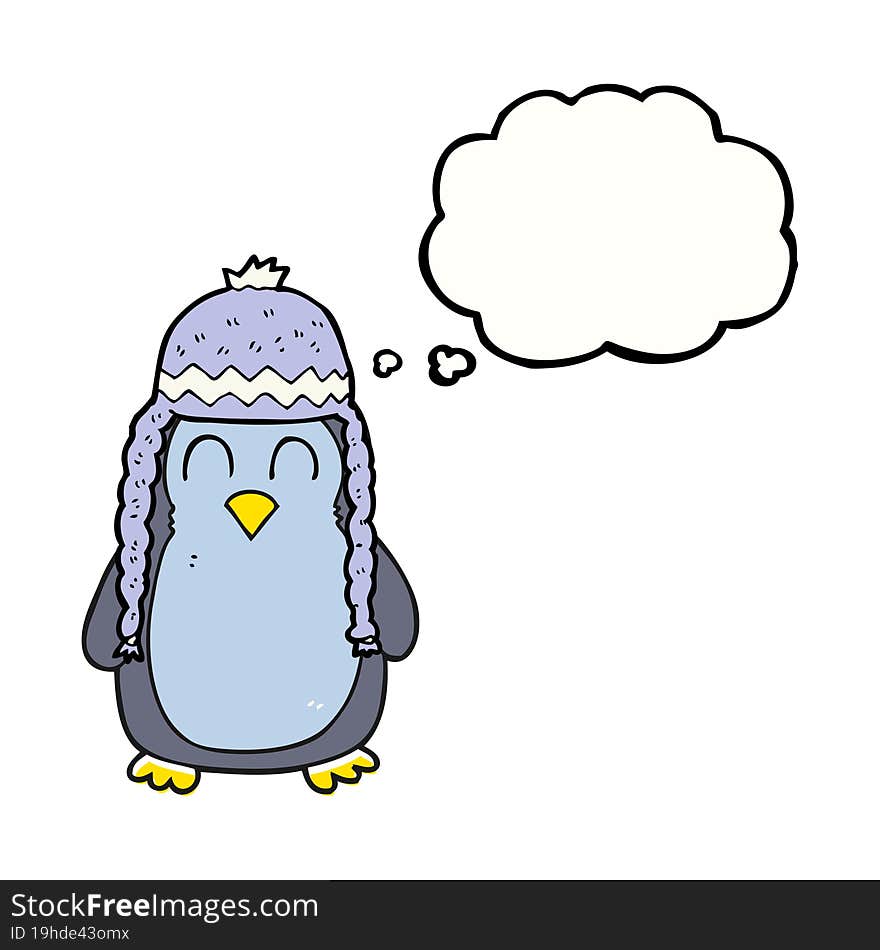 thought bubble cartoon penguin wearing hat